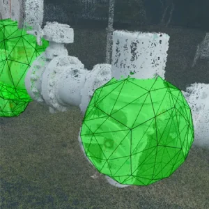 3D point cloud of pipeline with AI-detected corrosion hotspots highlighted in green